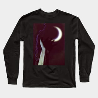 Digital collage and special processing. Hand pointing to the moon. Very beautiful. Low contrast, violet. Long Sleeve T-Shirt